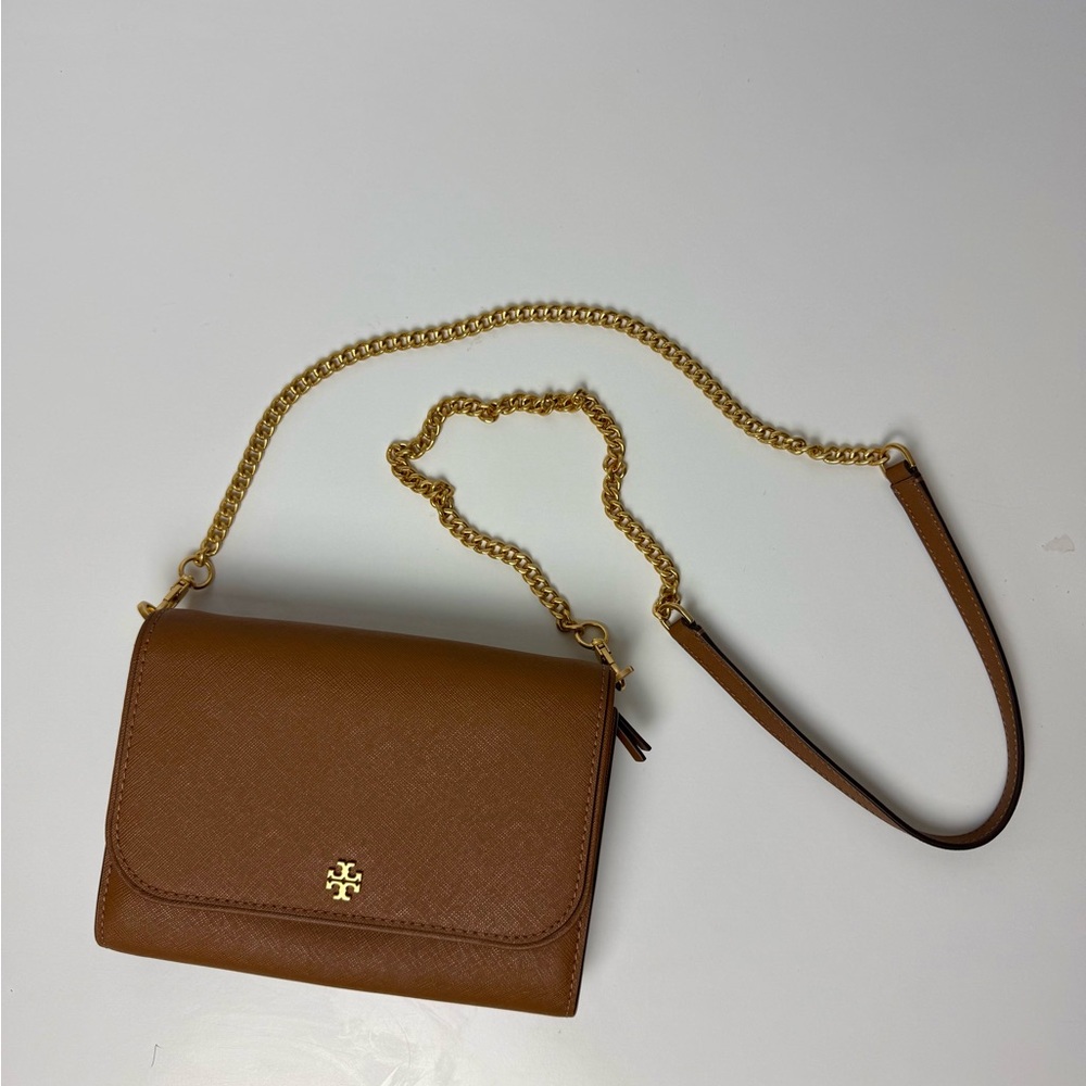 Tory Burch Tan Crossbody Wallet Bag with Gold Chain
